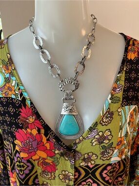 Silver-Tone Faux Turquoise Pendant Necklace